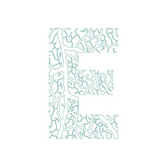 Nature alphabet, ecology decorative font. Capital letter E filled with leaf veins pattern green outline background. Leaves texture hand draw nature alphabet. Vector illustration.