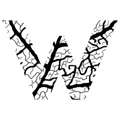 Nature alphabet, ecology decorative font. Capital letter V filled with leaf veins pattern black on white background. Leaves texture hand draw nature alphabet. Vector illustration.