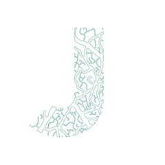 Nature alphabet, ecology decorative font. Capital letter J filled with leaf veins pattern green outline background. Leaves texture hand draw nature alphabet. Vector illustration.