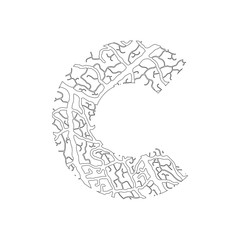 Nature alphabet, ecology decorative font. Capital letter C filled with leaf veins pattern black on white outline background. Leaves texture hand draw nature alphabet. Vector illustration.