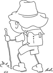Boy hiking with a backpack – line art