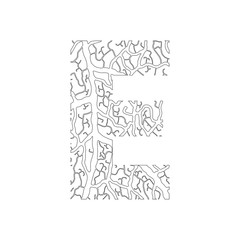 Nature alphabet, ecology decorative font. Capital letter E filled with leaf veins pattern black on white outline background. Leaves texture hand draw nature alphabet. Vector illustration.