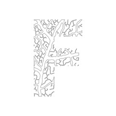 Nature alphabet, ecology decorative font. Capital letter F filled with leaf veins pattern black on white outline background. Leaves texture hand draw nature alphabet. Vector illustration.