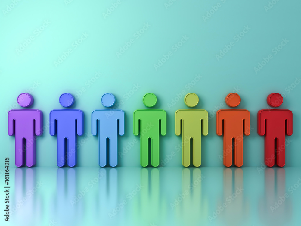 Leinwandbilder group of colorful people standing on light green background with reflections and shadows . 3d render