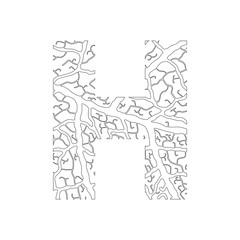 Nature alphabet, ecology decorative font. Capital letter H filled with leaf veins pattern black on white outline background. Leaves texture hand draw nature alphabet. Vector illustration.
