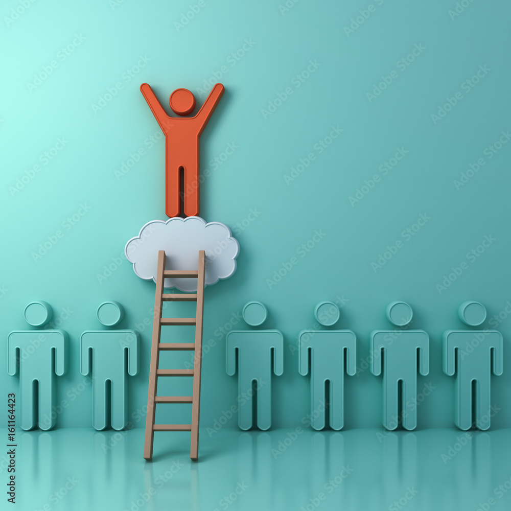 Aufkleber stand out from the crowd and different creative idea concept, one man climbing ladder to standing on