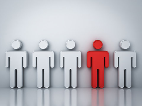 Stand out from the crowd and different creative idea concepts , One red man standing among white people on gray background with reflections and shadows , leadership concept . 3D rendering.