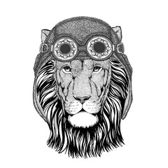 Wild Lion wearing aviator hat Motorcycle hat with glasses for biker Illustration for motorcycle or aviator t-shirt with wild animal