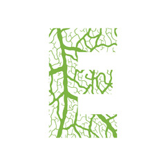 Nature alphabet, ecology decorative font. Capital letter E filled with leaf veins pattern green background. Leaves texture hand draw nature alphabet. Vector illustration.