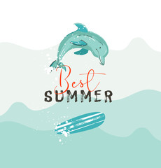 Hand drawn vector abstract summer time illustration poster with blue ocean waves,dolphin,surfboard and modern calligraphy quote best summer