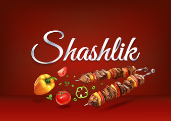 Roasted on fire Shashlik food. Realistic vector illustration of traditional cooking of steaks, barbecue, kebab and BBQ. Grilled meat and vegetables for parties.