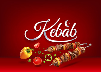 Roasted on fire Kebab food. Realistic vector illustration of traditional cooking of steaks, barbecue, BBQ and shashlik. Grilled meat and vegetables for parties.