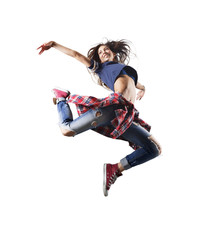 modern young beautiful dancer posing on a studio background