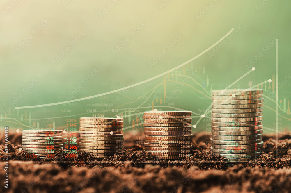 Poster stack of coin growth money and tree, concept data chart of finance indices on nature background