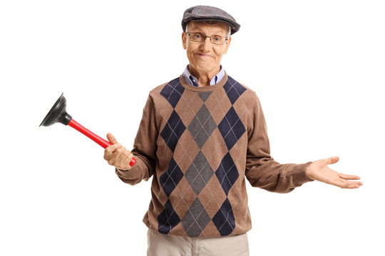 Disappointed Senior Holding A Plunger