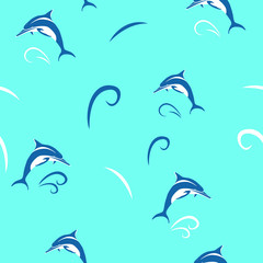 dolphin  stylized  Vector seamless pattern on blue  background