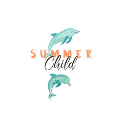 Hand drawn vector creative cartoon summer time sign or logotype with jumping dolphins and modern typography quote Summer Child isolated on white background