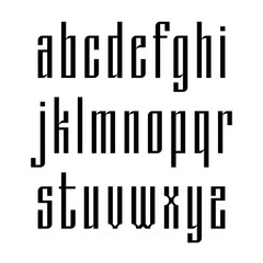 Narrow sans serif font based on old slavic calligraphy. Latin lowercases isolated on white background. Vector