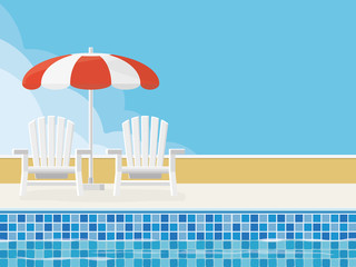 Summer background with deckchairs and parasol at swimming pool. Flat design. © eyewave