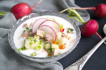 Summer cold soup with kefir radish, cucumber and dill on a black background. Okroshka.