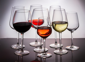 Set of glasses with red, white and rose wine