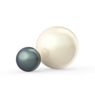 3D illustration two white and dark green black pearls on a white background