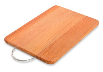 Cutting wooden board with metal handle / isolated on white background.
