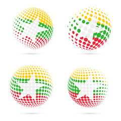 Myanmar halftone flag set patriotic vector design. 3D halftone sphere in Myanmar national flag colors isolated on white background.