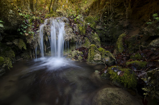 small waterfall on natural forest stream