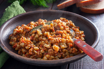 Pasta with lentils and ham, horizontal