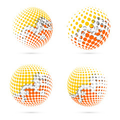 Bhutan halftone flag set patriotic vector design. 3D halftone sphere in Bhutan national flag colors isolated on white background.