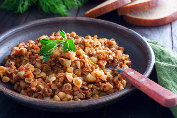 Pasta with lentils and ham, horizontal
