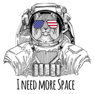 Usa flag glasses American flag United states flag Wild cat Lynx Bobcat Trot wearing space suit Wild animal astronaut Spaceman Galaxy exploration Hand drawn illustration for t-shirt