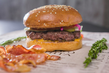 A fresh tasty burger on a table