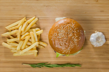 Fresh appetizing burgers with potatoes