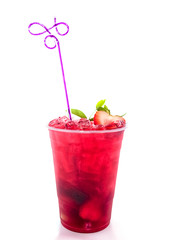 Strawberry mojito drink with strawberry slices on white background