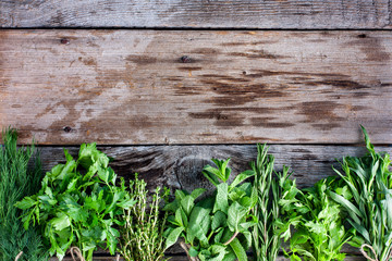 Fresh greens in bunches on a wooden table - mint, parsley, dill, rosemary, thyme, tarragon, coriander, top view