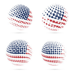 USA halftone flag set patriotic vector design. 3D halftone sphere in USA national flag colors isolated on white background.
