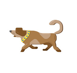 Beagle vector dog. Scent hound. Stylized vector with the golden collar. Running beagle. Stylized paw. Dog Isolated on white background. Icon brown dog.