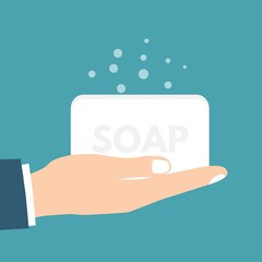 Hand holding soap. Wash hands. Vector illustration.