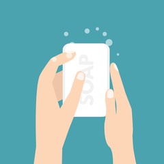 Hand holding soap. Wash hands. Vector illustration.