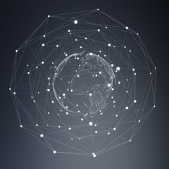 Flying earth network interface 3D rendering