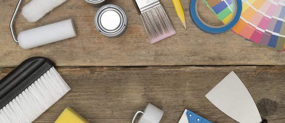 Banner Photo of Painting Equipment on Wooden Background Copy Space