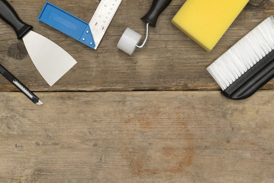 Banner Image of Home Improvement Tools on Wood Copy Space