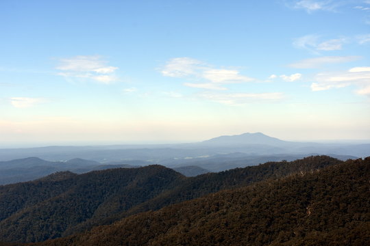 Panoramic view from Hanging Mountain Lookout. Mount Gulaga (Dromedary) in the background.