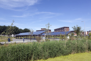solar panels on roof of car parking at water campus leeuwarden in the  netherlands