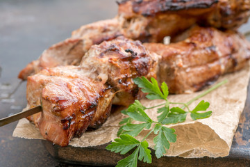 Grilled shish kebab or shashlik on skewers closeup