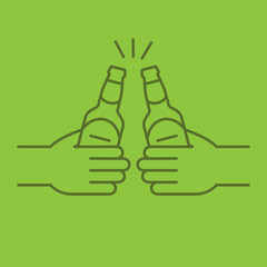 Toasting beer bottles in hands color linear icon