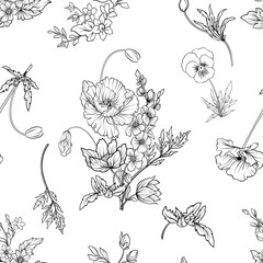 Seamless pattern with poppy flowers daffodil, anemone, violet in