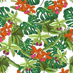 Seamless vector pattern of hand drawn flowers and leaves. Tropical background.